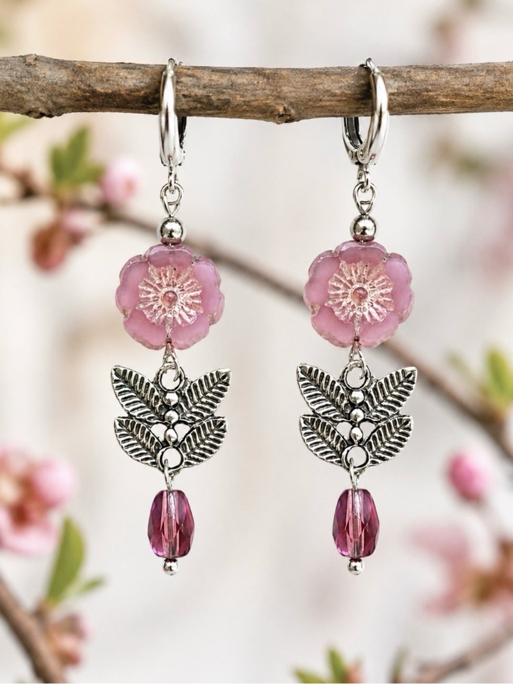 Pink Czech Glass Flower Earrings, Silver Leaf Dangle Leverbacks MTO